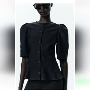 Zara Black Puff Sleeve Button-Up Top